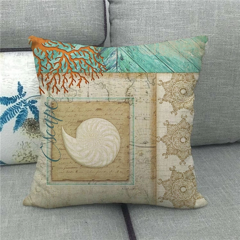 Vintage Nautical Ocean Theme Linen Throw Pillow Cover Decorative Square Cushion Case For Sofa Living Room Marine Life Pattern
