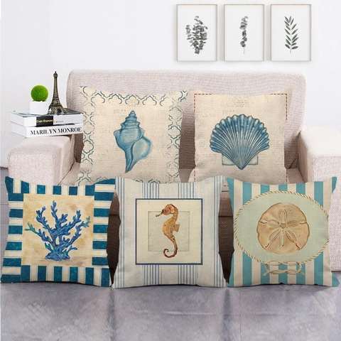 Marine Style Linen Decorative Throw Pillow Cover Shell Sea Star Coral Pattern Square Cushion Case For Sofa Bed Home Decor