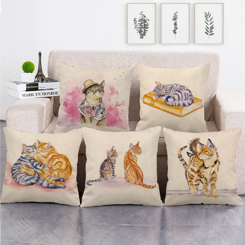Housse De Coussin Chat Aquarelle Lin Carré Peint À La Main Animaux Taie D'oreiller Décoration Salon Sofa