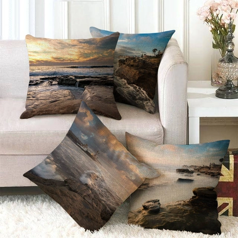 Housse de Coussin en Lin Paysage Côtier Coucher de Soleil Vagues de Mer Plage Taie d'oreiller Décorative Carrée pour Canapé