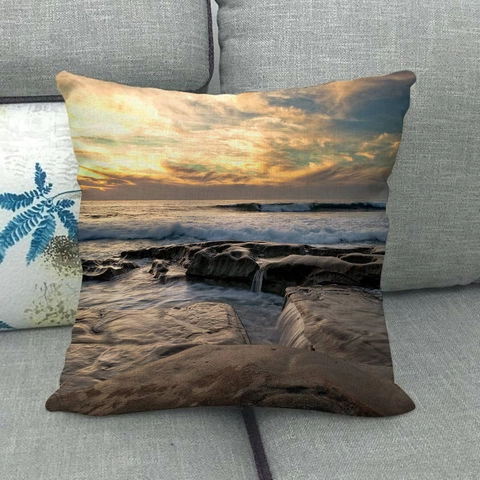 Housse de Coussin en Lin Paysage Côtier Coucher de Soleil Vagues de Mer Plage Taie d'oreiller Décorative Carrée pour Canapé