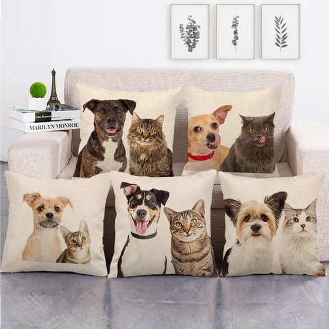 Taie d'Oreiller en Lin Peint Animaux Chat et Chien Housse de Coussin Décorative Carrée pour Canapé Salon Décoration