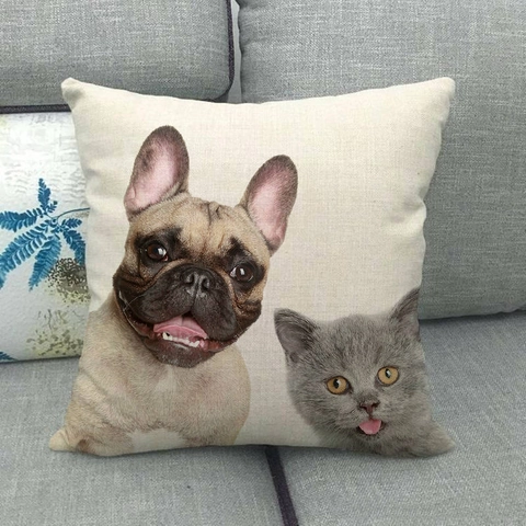 Taie d'Oreiller en Lin Peint Animaux Chat et Chien Housse de Coussin Décorative Carrée pour Canapé Salon Décoration