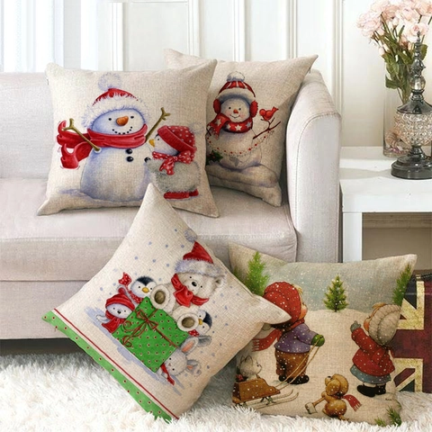 Christmas Linen Throw Pillow Case Snowman Cartoon Reindeer Decorative Cushion Cover Xmas Home Decor For Sofa Bed 45x45cm