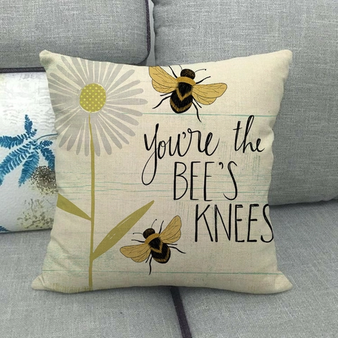 Linen Bee Daisy Decorative Pillowcase Square Cushion Cover For Sofa Couch Home Decor Bee Kind Happy Yourself Floral Print