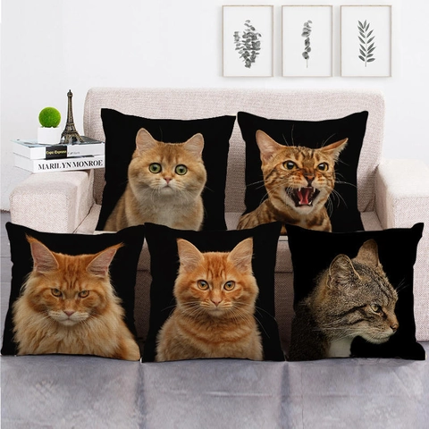 Kat Portret Linnen Kussensloop Realistische Dierenprint Vierkante Decoratieve Kussenhoes Voor Bank Huis