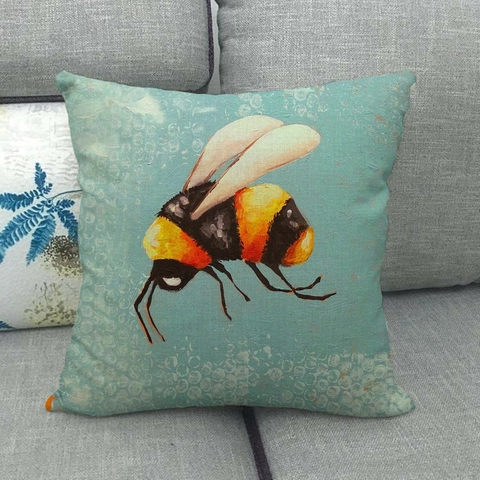 Vintage Bumblebee Honey Bee Linen Cushion Cover Teal Blue Decorative Pillow Case For Living Room Sofa Home Decor