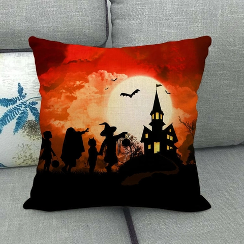 Funda de Almohada de Halloween Lino Castillo Murciélago Casa Embrujada Funda de Cojín Decorativa para Sofá Cama Hogar