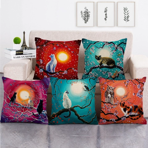 Decorative Pillow Cover Linen Fabric Artistic Cat Animal Illustration Cherry Blossom Moon Design Home Sofa Cushion Case