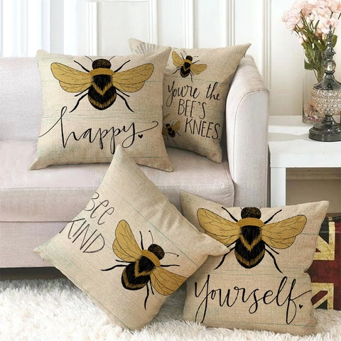 Leinen Biene Gänseblümchen Dekorative Kissenbezug Quadratische Kissenhülle Für Sofa Couch Home Dekor Bee Kind Happy Yourself Floral Druck