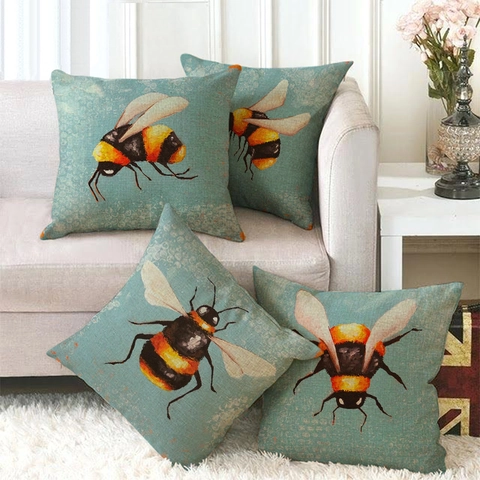 Vintage Bumblebee Honey Bee Linen Cushion Cover Teal Blue Decorative Pillow Case For Living Room Sofa Home Decor