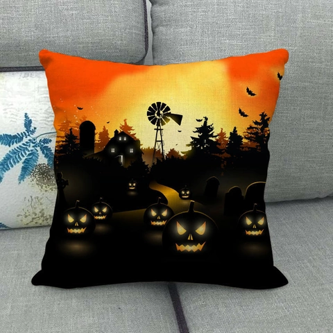 Fodera per Cuscino in Lino Zucca di Halloween Stampa Pipistrello Casa Stregata Fodera Quadrata per Cuscino Divano Casa Decorazione