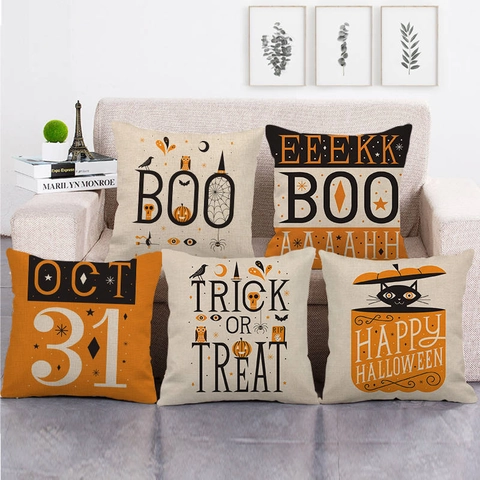 Halloween Decorative Linen Pillow Covers Pumpkin Ghost Bat Printed Square Cushion Case Home Sofa Couch Decor