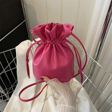 Retro PU Leder Kordelzug Beuteltasche Minimalistische Lässige Schultertasche Umhängetasche Für Damen Alltag