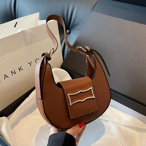 Minimalist PU Leather Crescent Hobo Bag Gold Buckle Women Underarm Shoulder Bag Fashion Solid Color Casual Trendy Purse