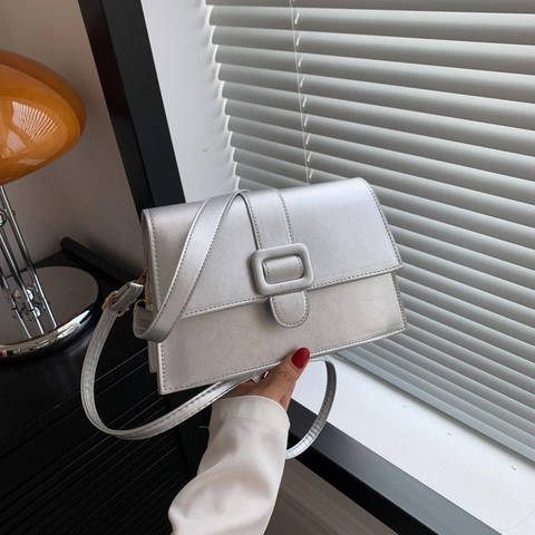 Women Fashion PU Leather Small Square Shoulder Bag Vintage Minimalist Crossbody Bag With Large Square Buckle Adjustable Strap