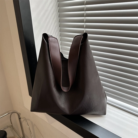 Women Minimalist PU Leather Tote Bag Large Capacity Soft Hobo Shoulder Bag Wide Strap Casual Commuting Versatile