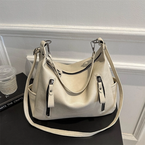 Sac À Épaule Rétro En Cuir PU Grande Capacité Pour Femmes Sac À Bandoulière Décontracté Fourre-Tout Avec Zips Verticaux