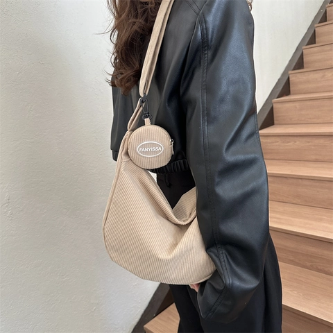 Vintage Corduroy Shoulder Bag For Women Minimalist Hobo Bag With Mini Pouch Large Capacity Crossbody Bag Daily Commute Tote
