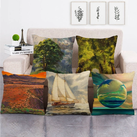 Rural Landscape Oil Painting Linen Cushion Cover Artistic Farmhouse Square Decorative Pillowcase For Home Sofa Living Room Decor