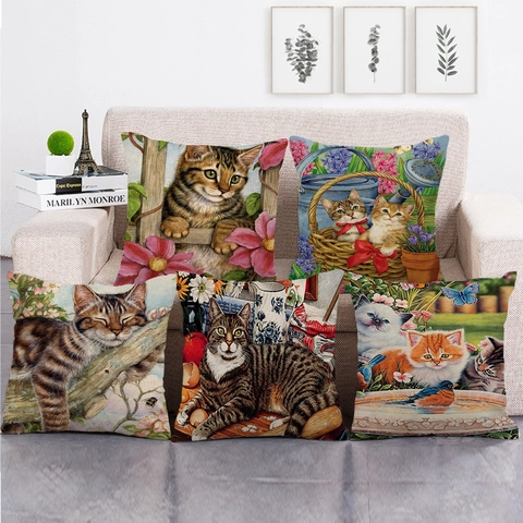 Decoratieve Kussenslopen Linnen Kussenhoes Schattige Kat Dierentekening Huis Sofa Decor Landelijke Kunststijl