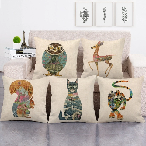 Kissenbezug Leinen Künstlerisch Tier Aquarell Druck Dekorativer Kissenhülle Für Sofa Wohnzimmer Haus Dekoration