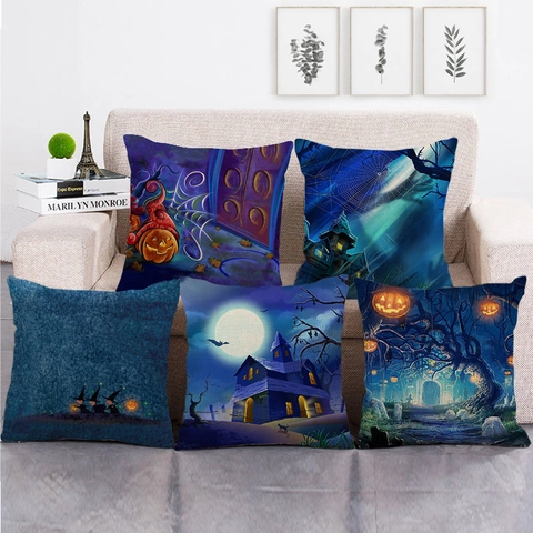 Housse De Coussin En Lin Thème Halloween Sorcière Château Citrouille Imprimé Taie D'oreiller Décorative