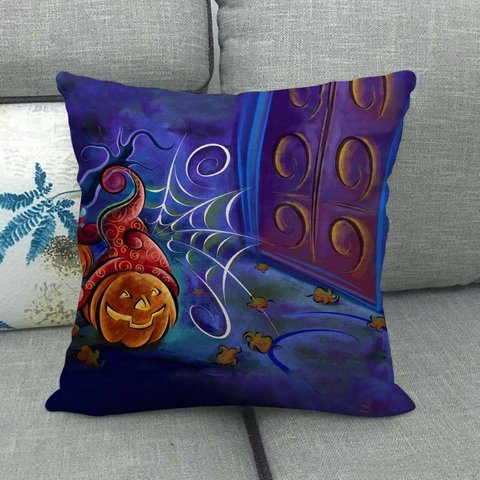 Housse De Coussin En Lin Thème Halloween Sorcière Château Citrouille Imprimé Taie D'oreiller Décorative