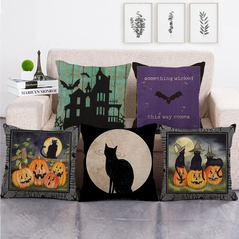 Halloween Linen Cushion Cover Decorative Throw Pillowcase For Sofa Home Party Decor Pumpkin Bat Black Cat Pattern Square Pillow Case