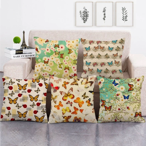 Leinen Schmetterling Dekokissenbezug Vintage Blumen Kissenhülle Rustikaler Insekten Druck Quadratischer Kissenbezug Wohnkultur