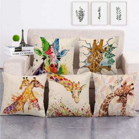 Giraffe Cushion Cover Linen Artistic Animal Watercolor Pattern Square Pillow Case For Sofa Living Room Home Decor