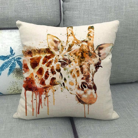 Giraffe Cushion Cover Linen Artistic Animal Watercolor Pattern Square Pillow Case For Sofa Living Room Home Decor
