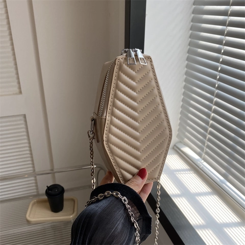 Coffin Shaped Crossbody Bag PU Leather V-Quilted Gothic Chain Strap Double Zipper Fashion Women Novelty
