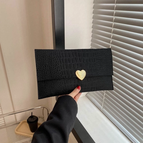 Pochette A Busta Motivo Coccodrillo Fibbia A Cuore In Metallo Feltro Portafoglio A Mano Capiente Moda
