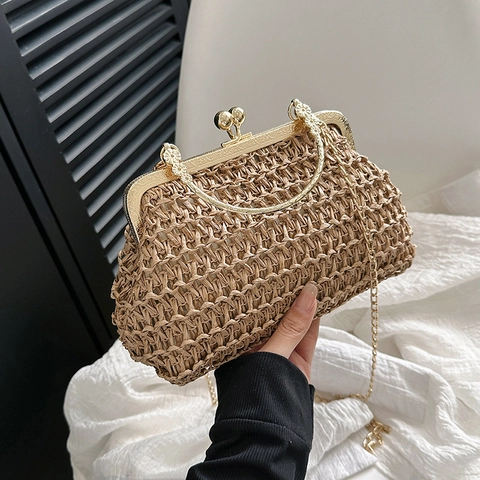 Sac Bandoulière en Paille Tissée Vintage pour Femmes Fait Main Poignée en Métal Fleurs Fermoir Kiss-Lock Chaîne Petit Sac à Main