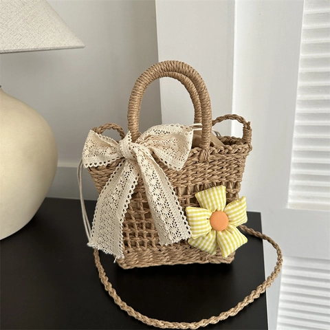 Straw Woven Handbag With Lace Bow And Plaid Flower Decoration Summer Vacation Pastoral Crossbody Shoulder Bag