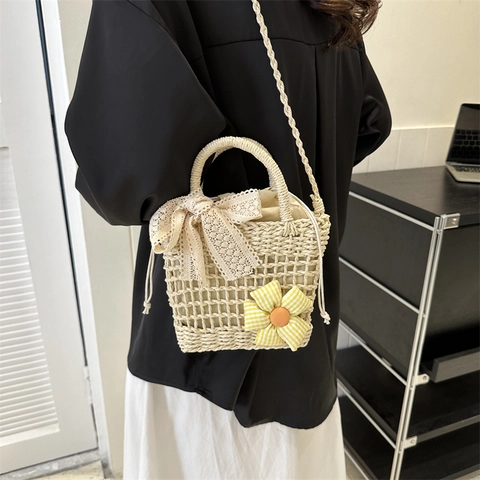 Straw Woven Handbag With Lace Bow And Plaid Flower Decoration Summer Vacation Pastoral Crossbody Shoulder Bag
