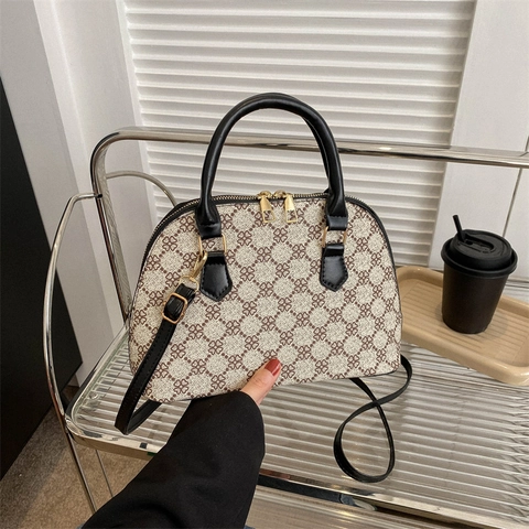 Retro Muscheltasche Handtasche Vintage Monogramm Blume PU Leder Schulter Umhängetasche Für Frauen Täglich Lässig Elegant