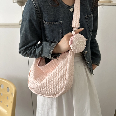 Quilted Pleated Hobo Shoulder Bag With Detachable Round Coin Purse Casual Crossbody Trendy Large Capacity For Women