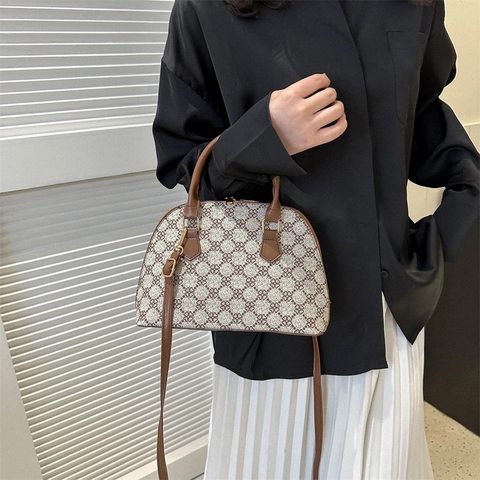 Retro Muscheltasche Handtasche Vintage Monogramm Blume PU Leder Schulter Umhängetasche Für Frauen Täglich Lässig Elegant