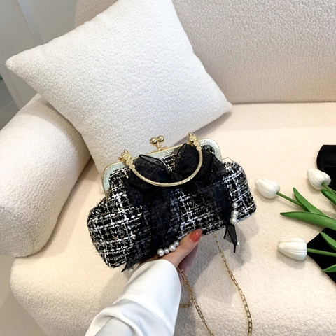 Women Vintage Tweed Handbag Elegant Socialite Style Crossbody Bag With Oversized Mesh Bow Pearl Decor Gold Chain Shoulder Bag For Wedding Banquet Party
