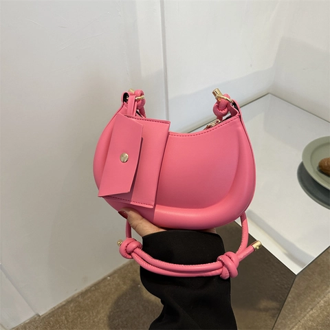 Women's Trendy PU Leather Crescent Shoulder Bag With Detachable Mini Pouch Knot Strap Fashion Solid Color Crossbody Handbag