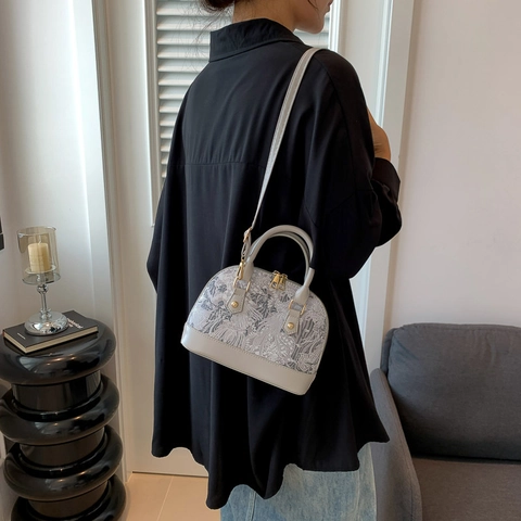 Bolso Concha para Mujer Vintage de Cuero PU Jacquard Moda Color de Contraste Pequeño Bolso de Hombro Cruzado Diario