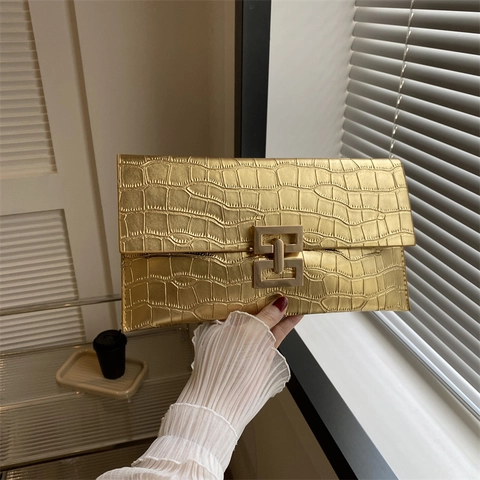 Borsa a Mano da Donna in Pelle PU con Motivo a Coccodrillo Metallico con Chiusura in Metallo per Festa Moda Quotidiana