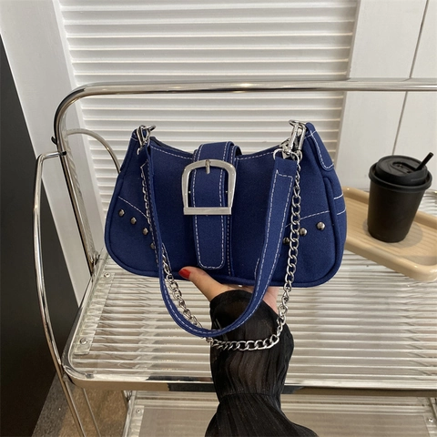 Bolso de Axila de Lona Vintage para Mujer Moda Costura en Contraste Bolso de Hombro Cadena de Metal Hebilla Grande Y2K Streetwear