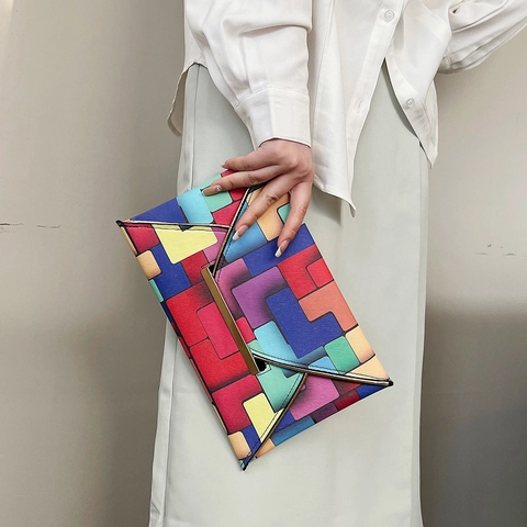 Damen Fashion Umschlag Clutch Mehrfarbige Geometrische Blöcke PU-Leder Handtasche Goldverzierung Stilvolles Alltagsaccessoire