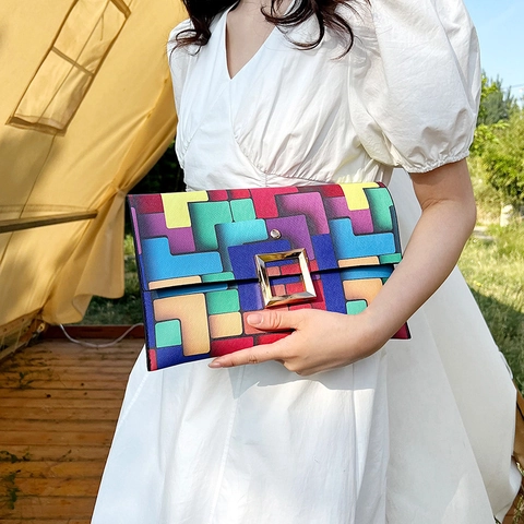 Colorful Geometric Pattern Envelope Clutch Bag PU Leather Square Gold Buckle Trendy Fashion Modern Women Handbag