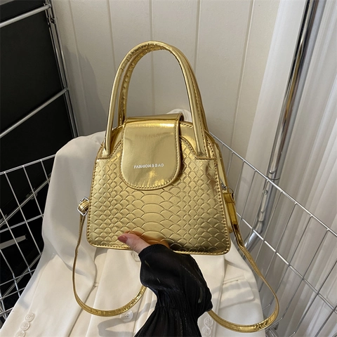 Borsa A Spalla In Pelle PU Metallica Lucida Motivo Coccodrillo In Rilievo Borsa A Mano Tracolla Con Manico Moda Street Trend Chic