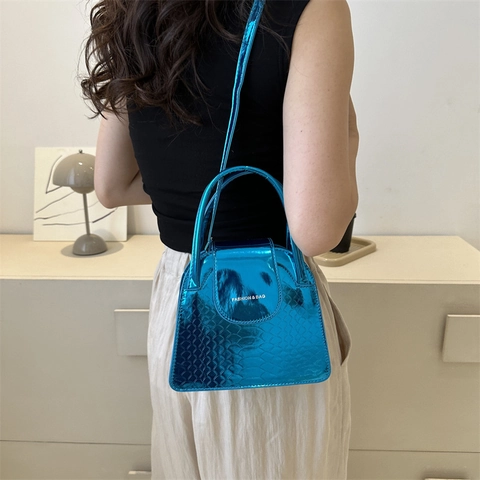 Borsa A Spalla In Pelle PU Metallica Lucida Motivo Coccodrillo In Rilievo Borsa A Mano Tracolla Con Manico Moda Street Trend Chic