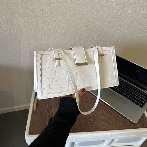 Bolso de Axila Retro con Patrón de Cocodrilo de Cuero PU para Mujer Bolso de Hombro Simple de Moda con Hebilla de Metal Dorado